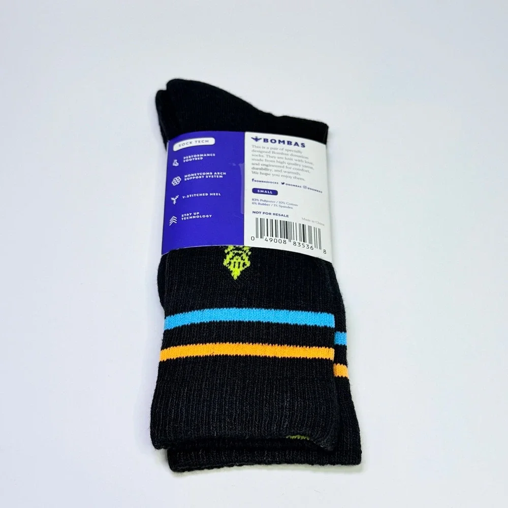 Bombas Kids Small 4 Pair Pack Black Crew Socks Blue Orange Lime Stripe New‎